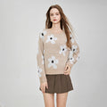 Women's Knitted Blended Floral Pullover Sweater Autumn and Winter Long Sleeve Round Neck Ribbed Cuffs Hem Loose Knitwear