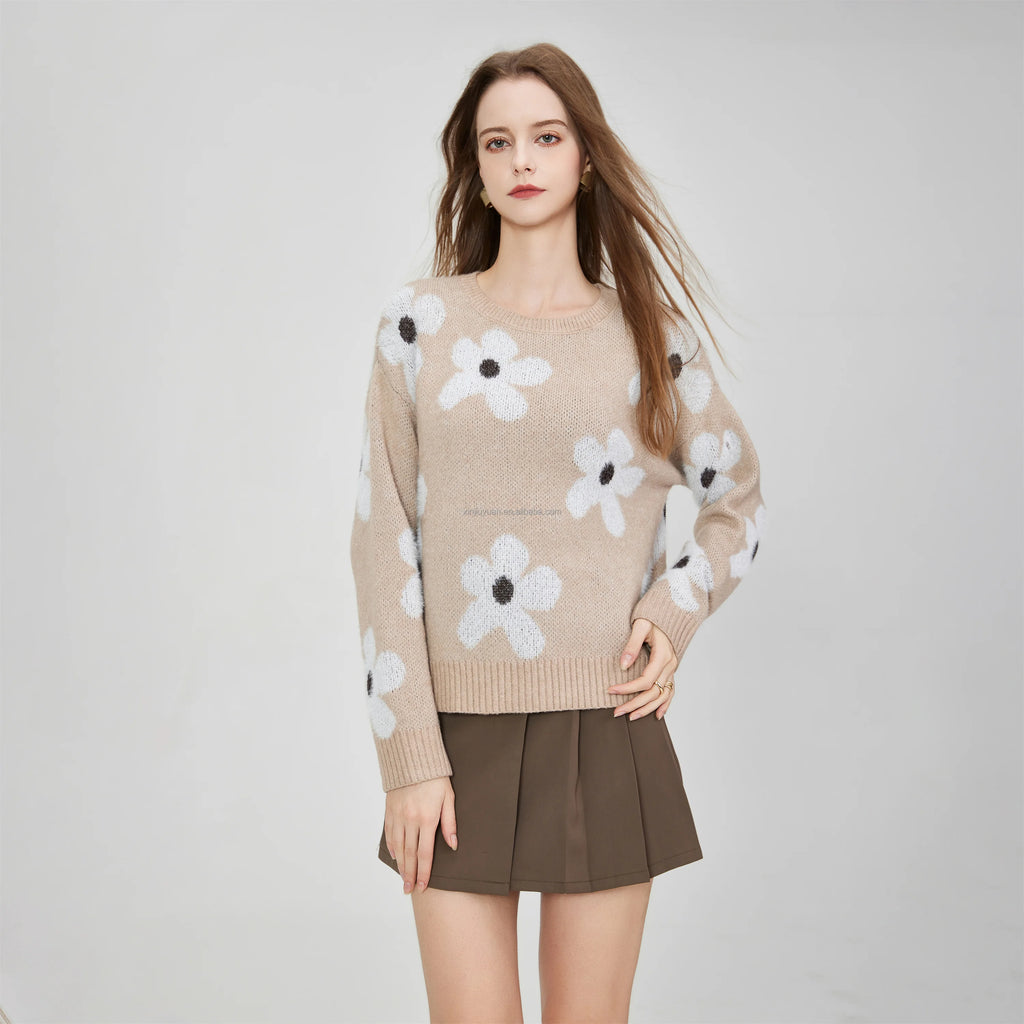 Women's Knitted Blended Floral Pullover Sweater Autumn and Winter Long Sleeve Round Neck Ribbed Cuffs Hem Loose Knitwear