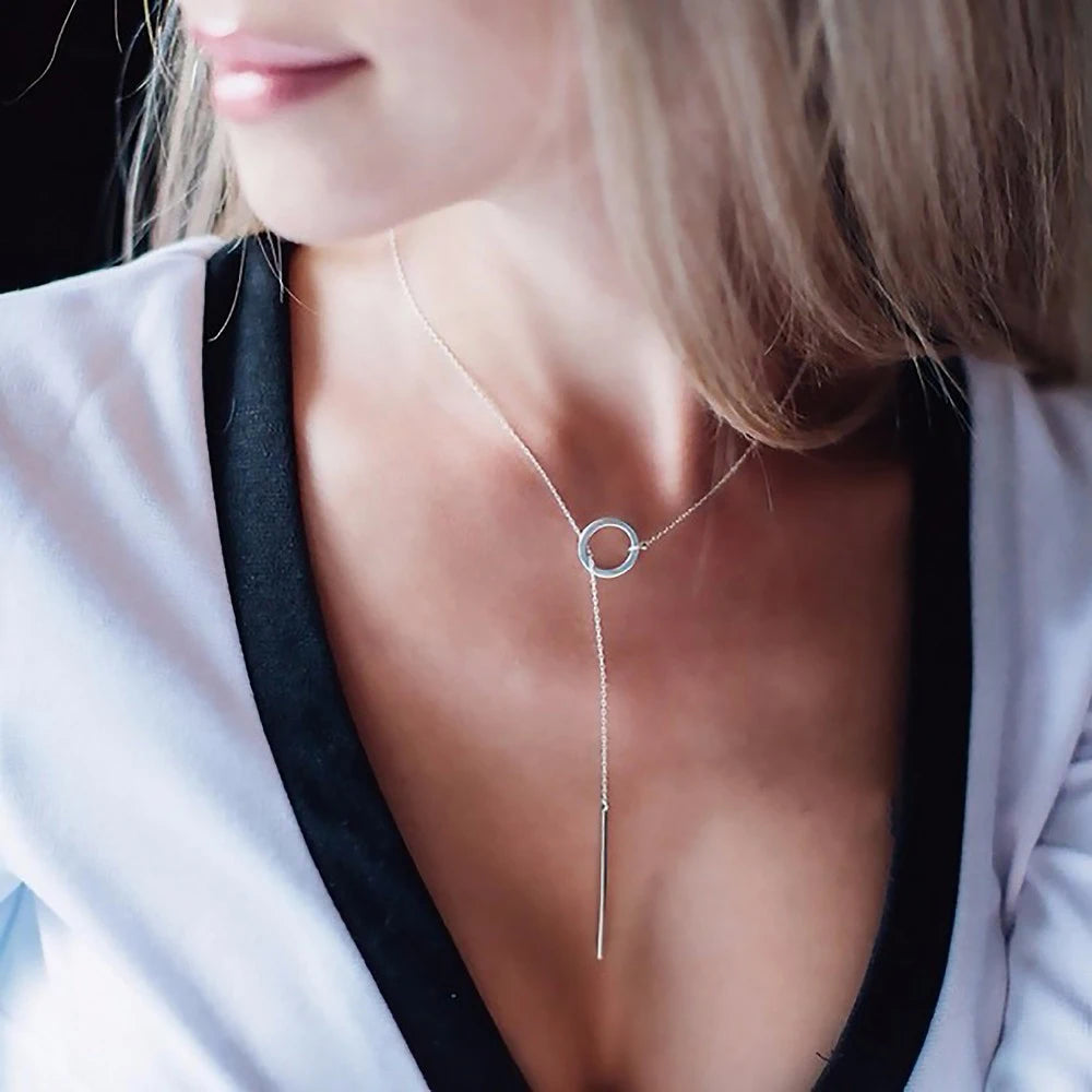 EManco INS Hot Circle Bar Y Shape Stick Pendant Necklace Women Minimalist Stainless Steel Jewelry