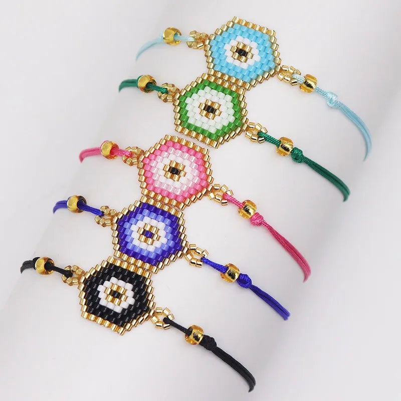 Miyuki Handmade Boho Style Hexagonal Demon Eye Beaded Bracelets Stylish Tricolor Bracelet for Couples and Friends Gift