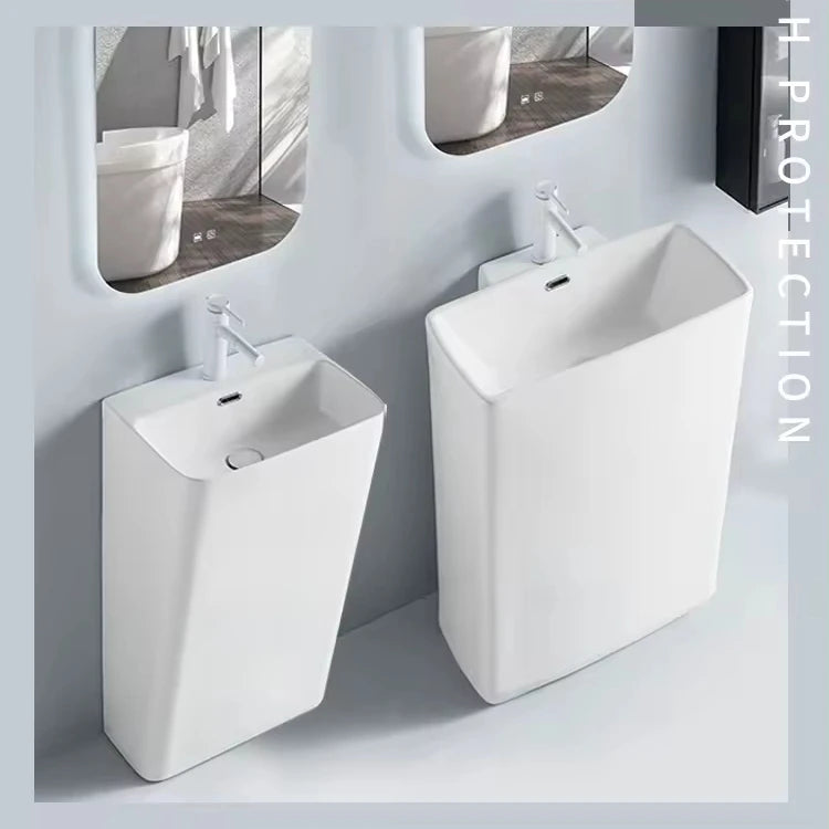 Chaozhou Sanitary Ware Manufacturer One Piece Ceramic Bathroom Washbasin Sink Square Pedestal Hand Wash Basin