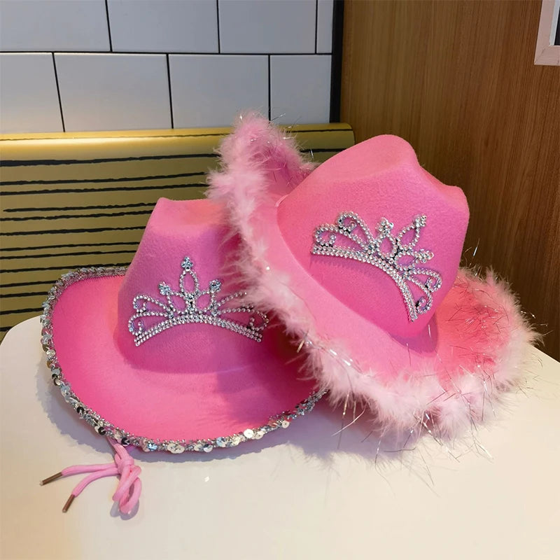 Fashion Pink Cowgirl Cowboy Hats for Ladies Women Girls Adult Festival Party Western Style Felt Tiara Feathers  Hat