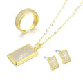 Rectangle Full Cubic Zircon 3Pcs  Jewelry Set Fashion Earrings Pendant Necklace Open Ring Jewelry Set
