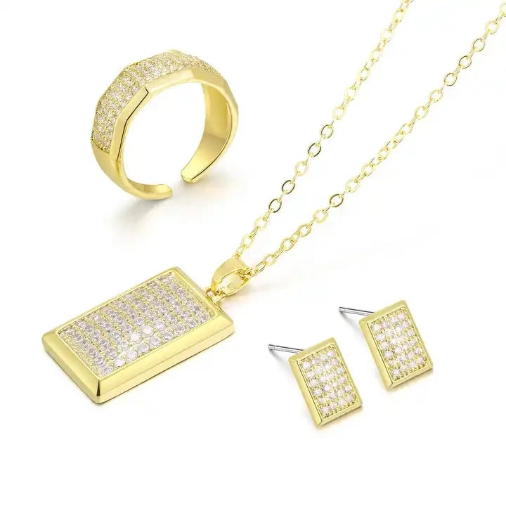 Rectangle Full Cubic Zircon 3Pcs  Jewelry Set Fashion Earrings Pendant Necklace Open Ring Jewelry Set
