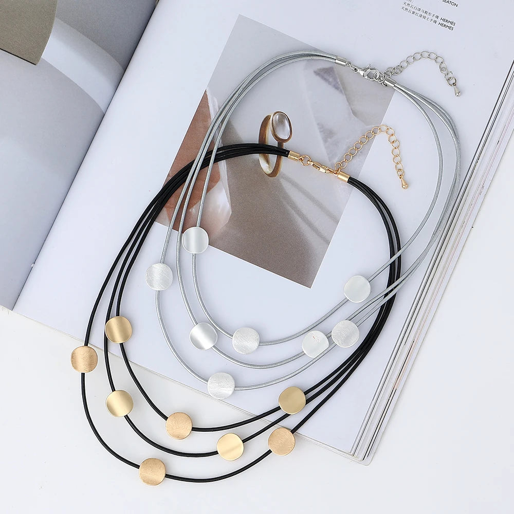 Multi Layer Gold Disc Station Layered Short Leather Choker Necklace