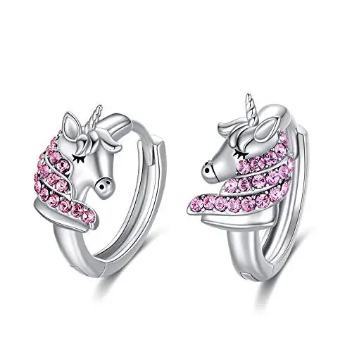 Hot Sales Pink Cubic Zircon Hypoallergenic Unicorn Huggies 925 Sterling Silver Fashion Earrings Jewelry for Kids Girl