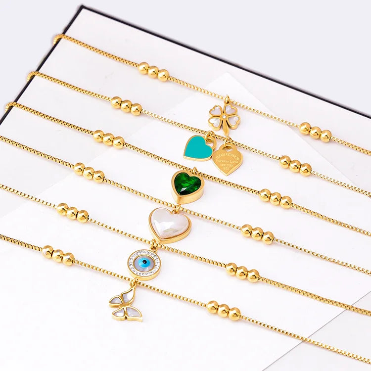 Tarnish Free Waterproof Fashion Jewelry Simple Clover Heart Gold Plated Stainless Steel Eyes Butterfly Pendant Anklet for Ladies