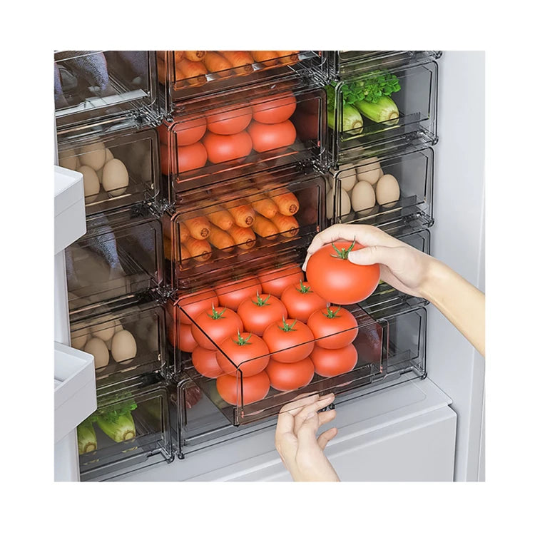 China Best Plastic Clear Stackable Refrigerator Drawer Milk Vegetable Storage Box with Drain Tray