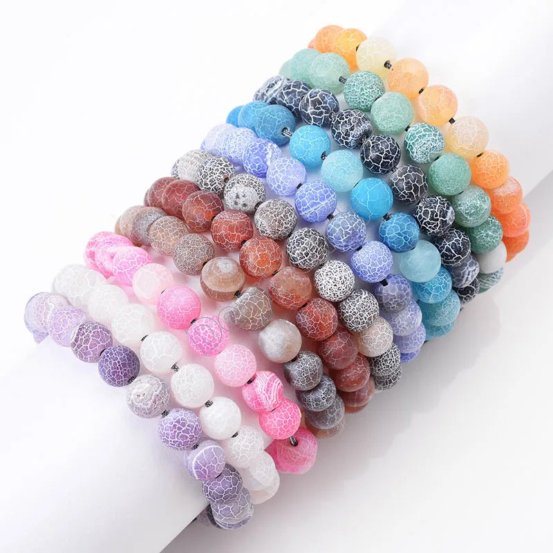 Natural Stone Stretch Bracelets Pink Red Blue Black Gemstone Healing Crystal Matte Crackle Agate Bracelet for Woman