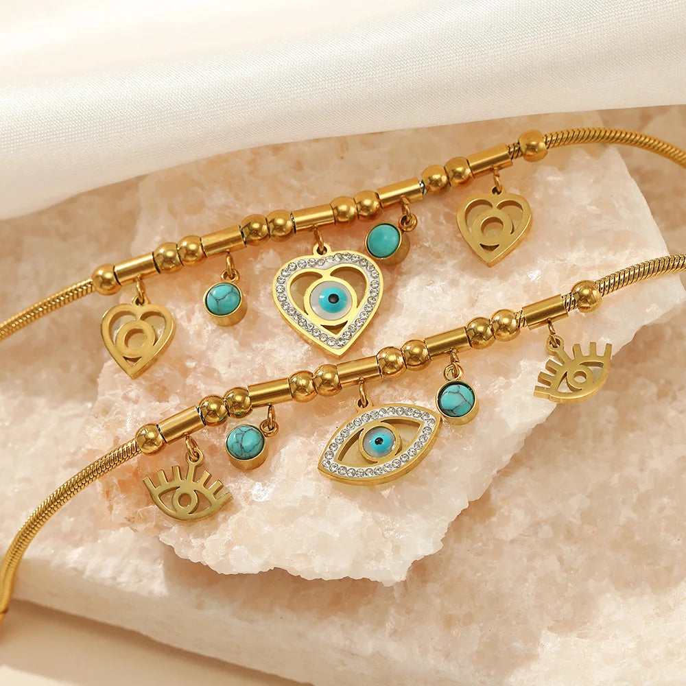 Vintage Gold Plated Turquoise Blue Devil Eye Snake Chain Bracelets Stainless Steel Turkish Blue Evil Eyes Charm Bracelet