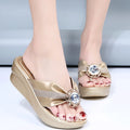 New Summer Fashion Thick Bottom Wedge Heel Shiny Bow One Word Women's slippers  8552