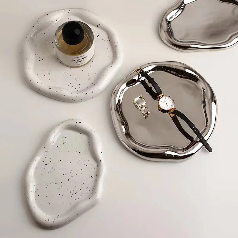 Simple storage silver-plated ceramic jewelry tray creative dessert tray decorative tray decoration living room