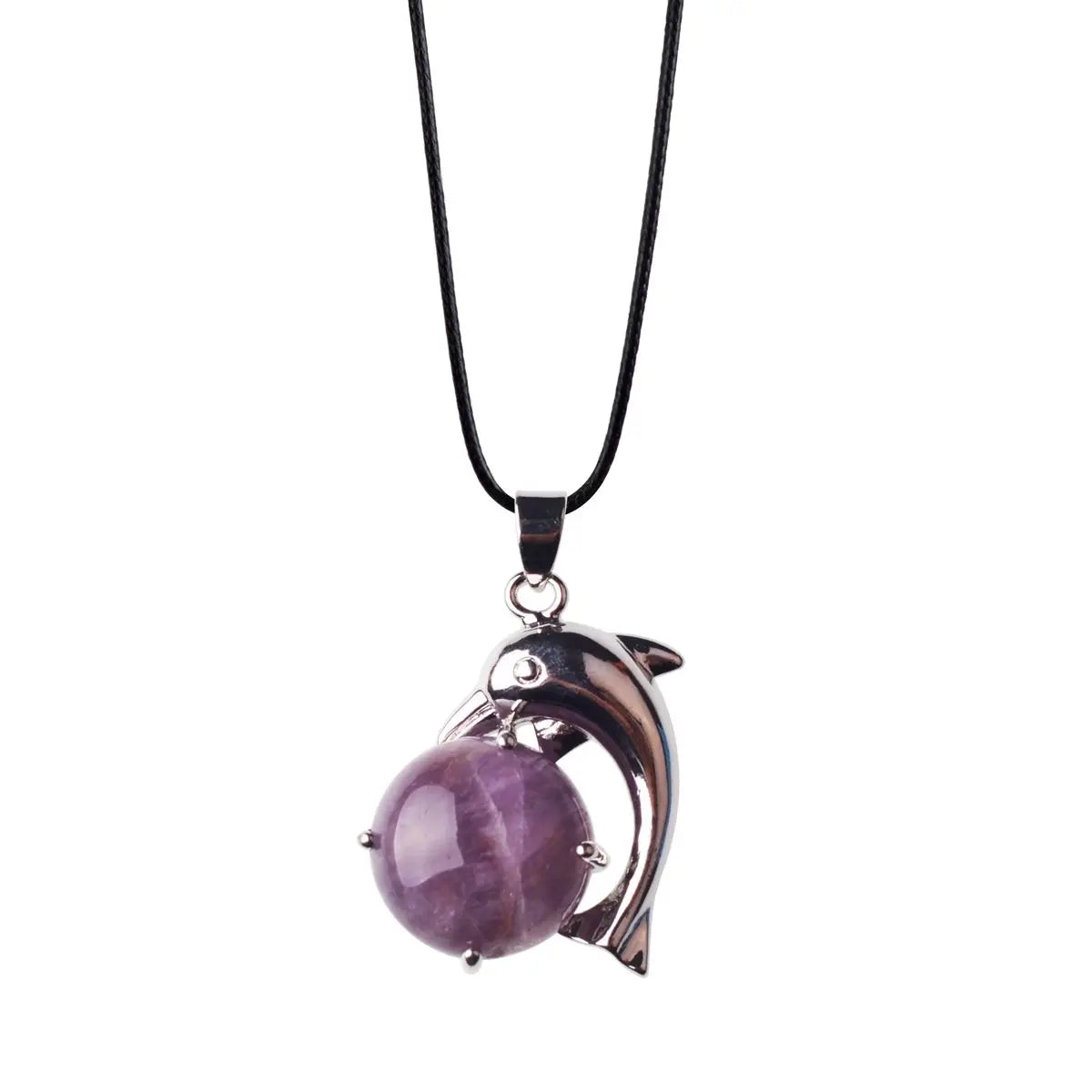 Good Quality Wholesale Quartz Agate Gemstone Healing Point Crystal Silver Dolphin Wrapped Ball Pendant Necklace With Black Rope