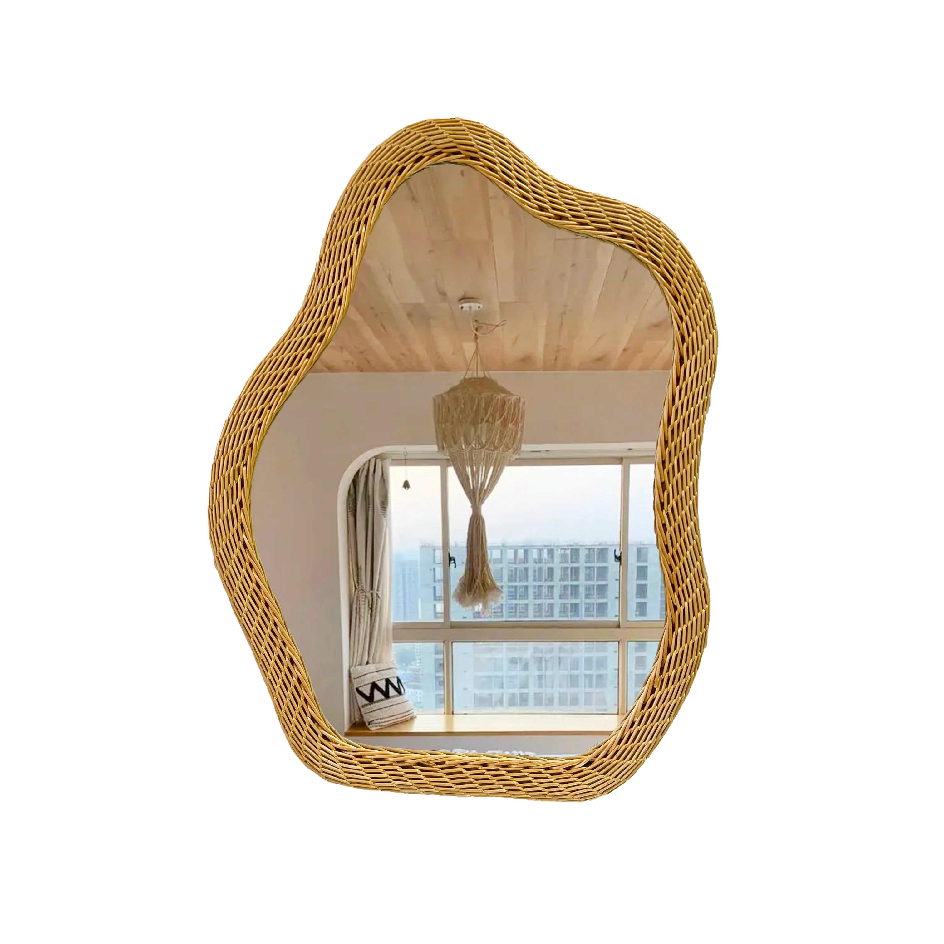 82x62cm Natural Rattan Woven Simple Modern Decorative Mirror Guest House Living Room Porch Bedroom Special-Shaped Hanging Mirror