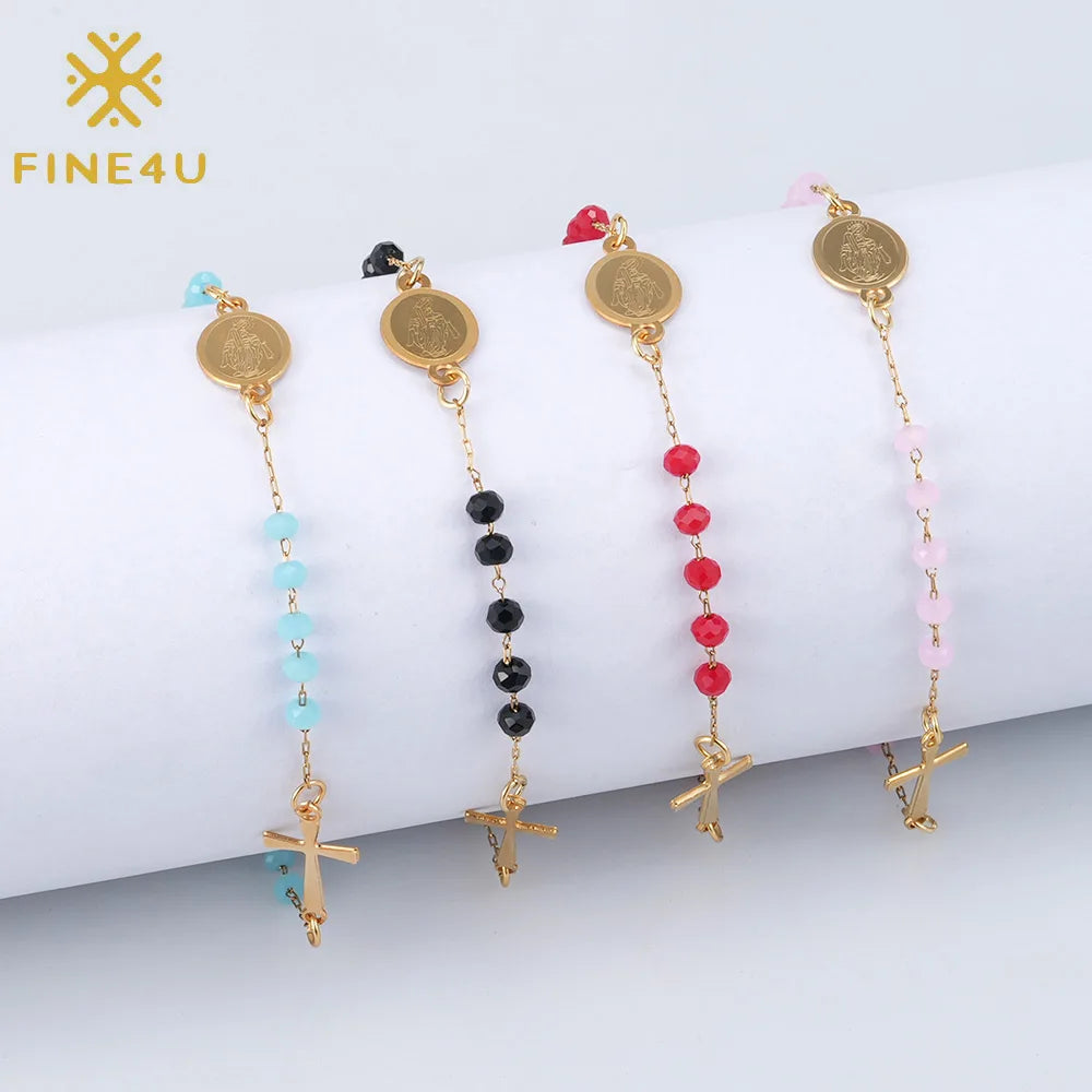 Religious Christian Jewelry Cross Virgin Mary Pendant Gold Plated Stainless Steel Catholic Rosary Bracelet