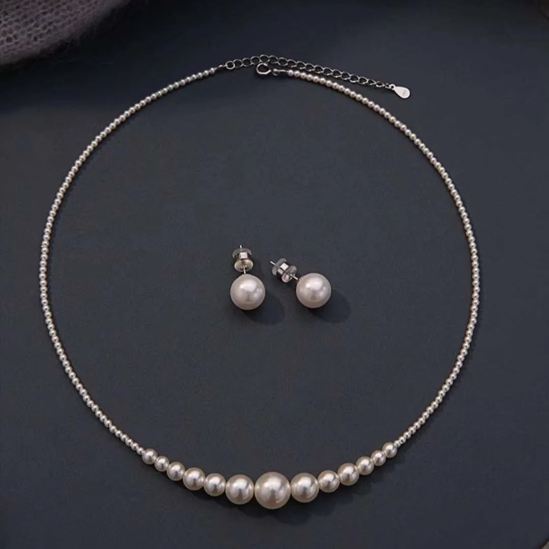 3-10mm Artificial Crystal Pearl S925 Pure Silver Ear Necklace Earring Set for Parties Anniversaries-Smile Jewelry Perfect Gift