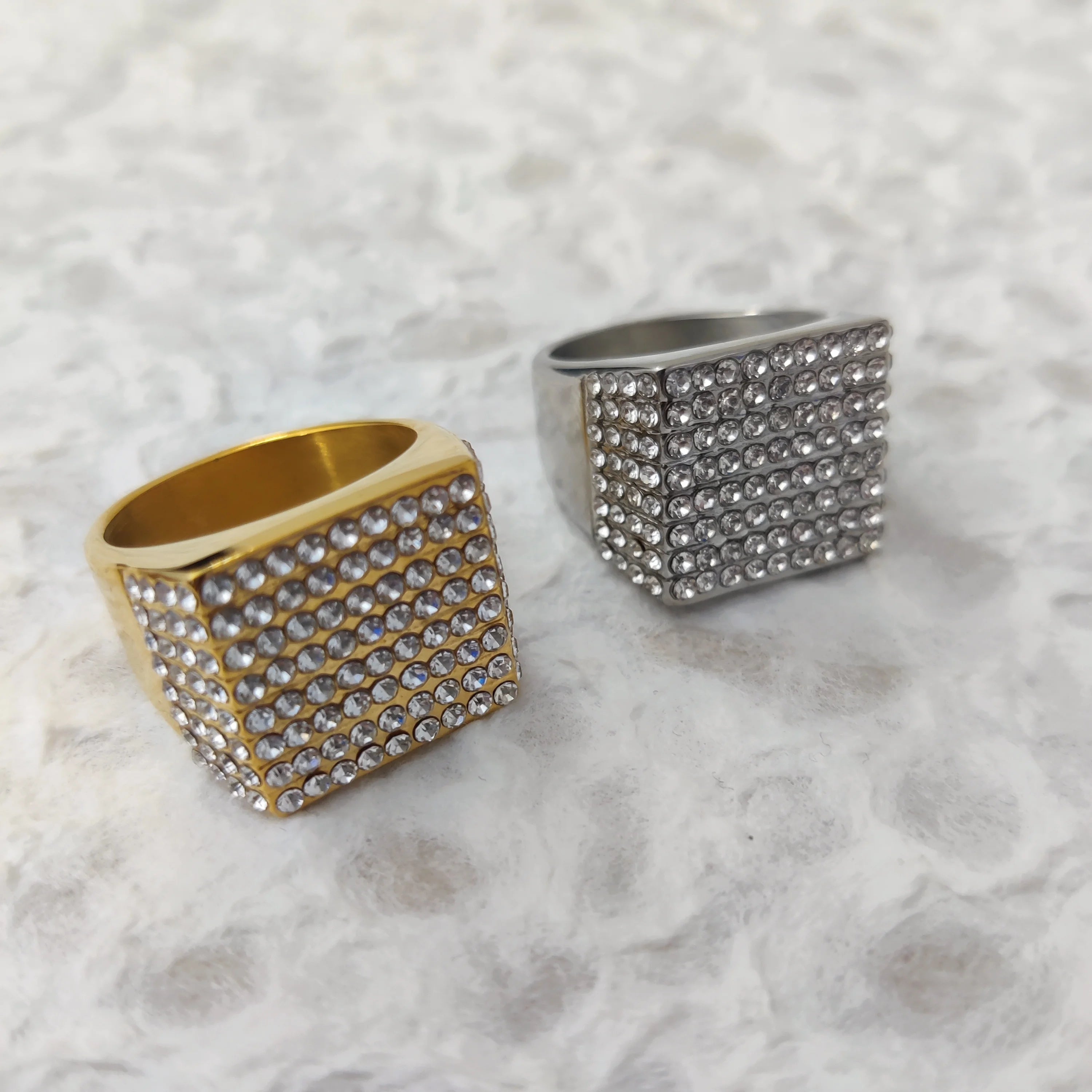 Waterproof Non Tarnish Fashion Hip Hop Jewelry 18K Gold Plated Square Zircon Stainless Steel Ring for Men