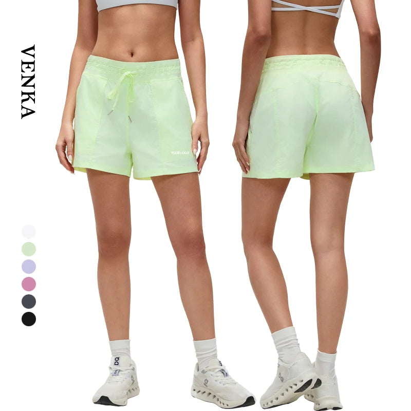 Women Sports High Waist Running Cycling Shorts Gym Wear Quick Dry Breathable Drawstring Custom Biker With Pocket Yoga Shorts