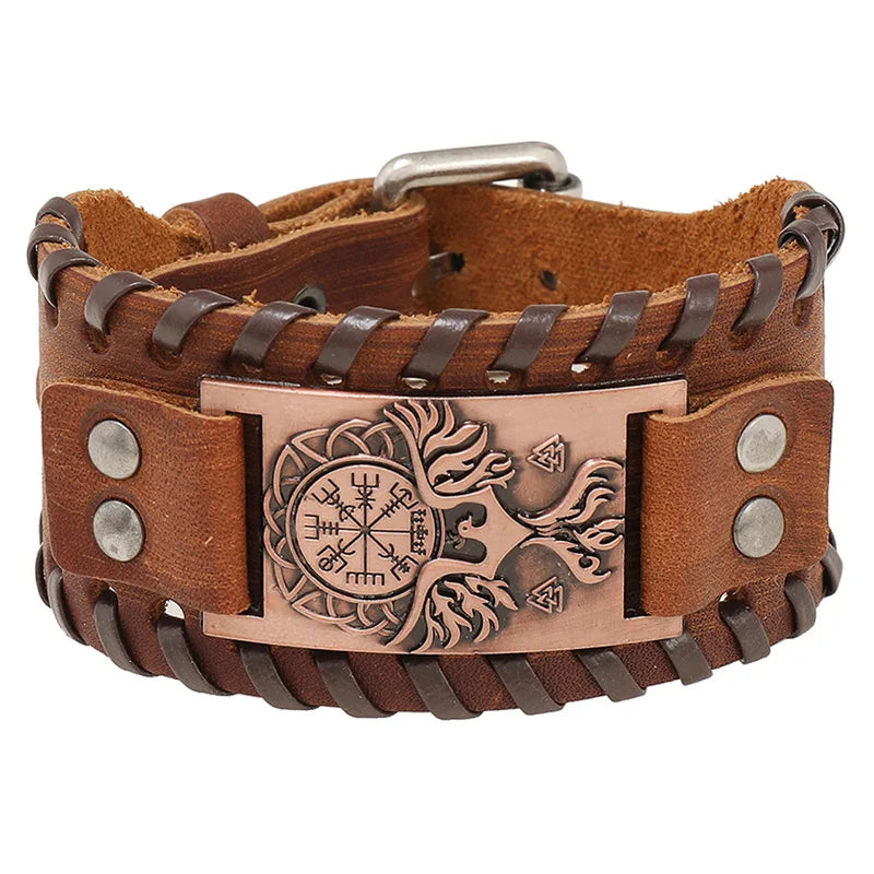 Nordic Style Viking Compass Leather Bracelet Retro Punk Jewelry Vikings Valhalla Bangle for Men