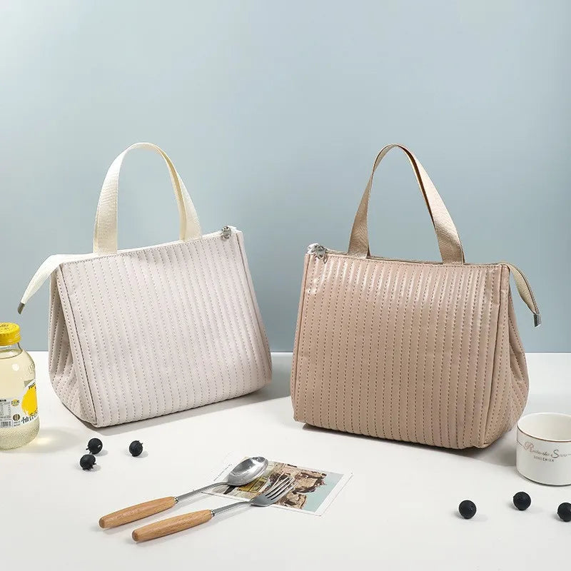 Large Capacity Insulated Work Lunch Box Bento Bag PU Material Portable Handbag Multifunctional Storage Bag 2 Persons Solid Color