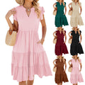 2025 Spring Summer Solid V Neck Loose Short-Sleeved Waist Ruffles Midi Washable Elegant Casual Dress