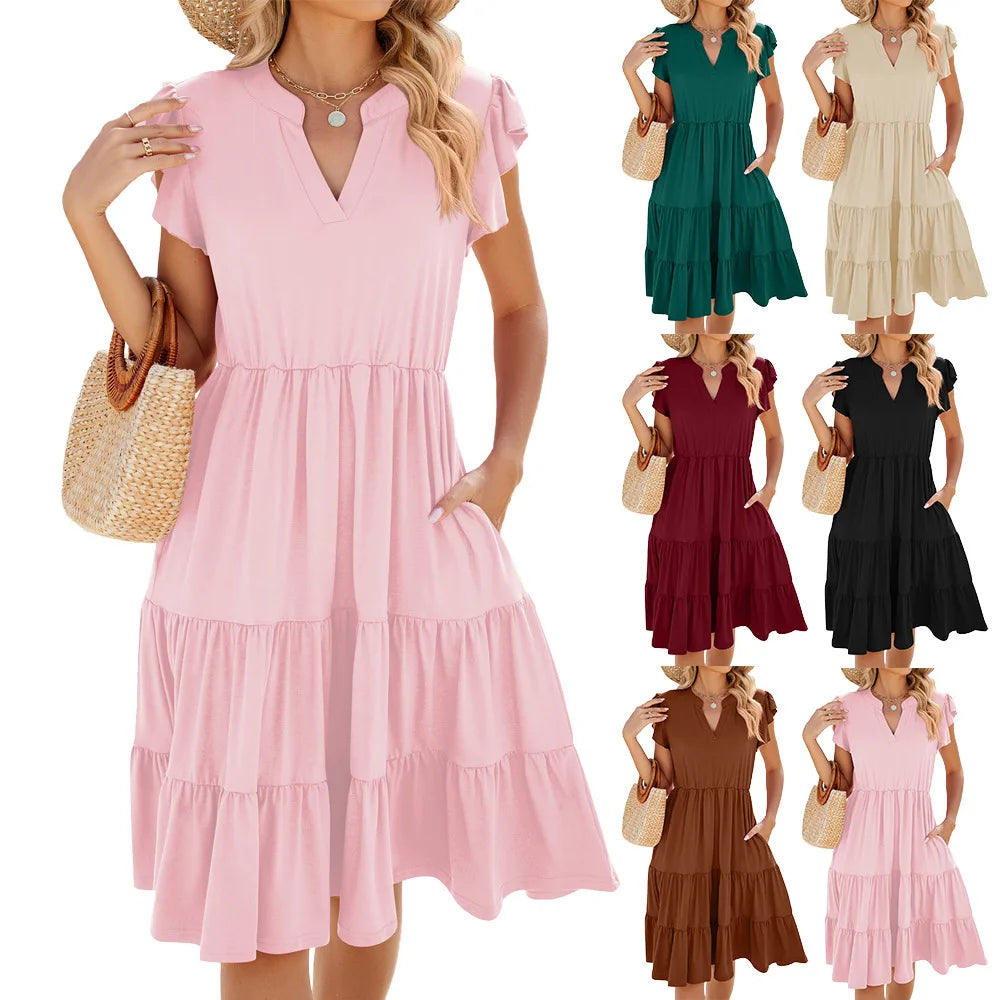 2025 Spring Summer Solid V Neck Loose Short-Sleeved Waist Ruffles Midi Washable Elegant Casual Dress