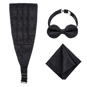 100% Microfiber Woven Polyester Black Paisley Embroidered Cummerbund and Bow Ties Set for Men with Pocket Square-Casual Durable
