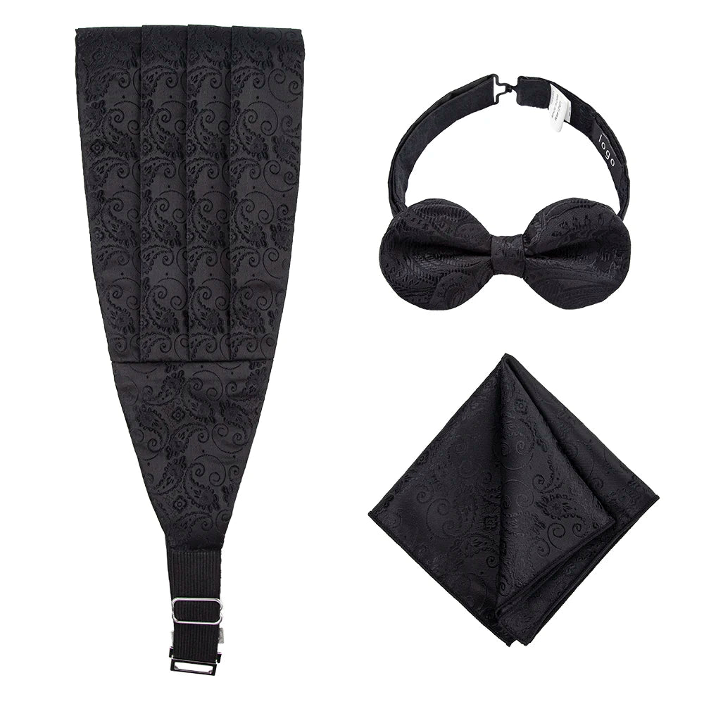 100% Microfiber Woven Polyester Black Paisley Embroidered Cummerbund and Bow Ties Set for Men with Pocket Square-Casual Durable