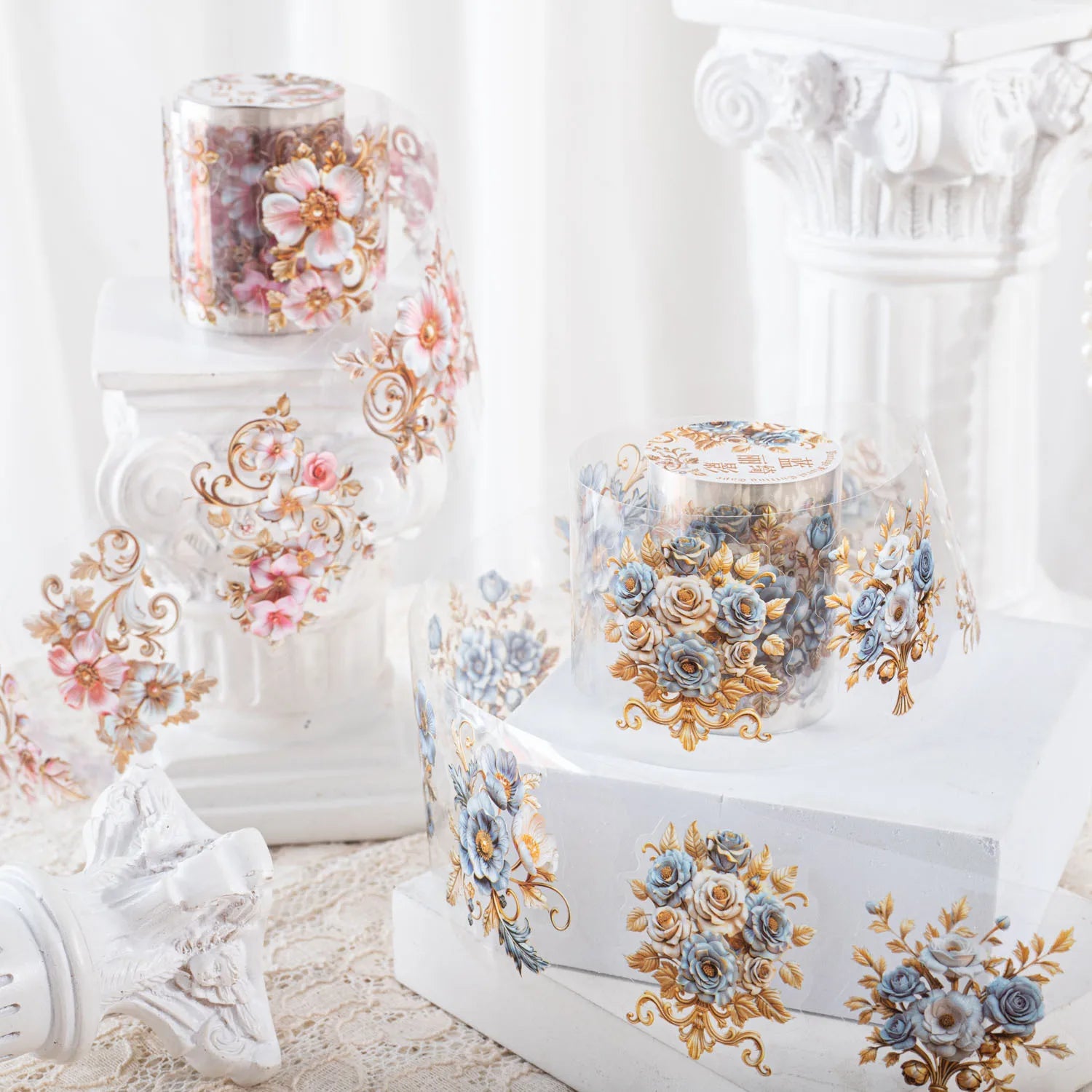 1 Roll Baroque Floral Series Retro Floral Handbook Material Loop Stickers Water Activated Rubber PET Tape Waterproof Masking