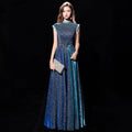 Shiny Blue Sleeveless Prom Dress Half High-Neck Ruffled Sequin Maxi Banquet Evening Dresses