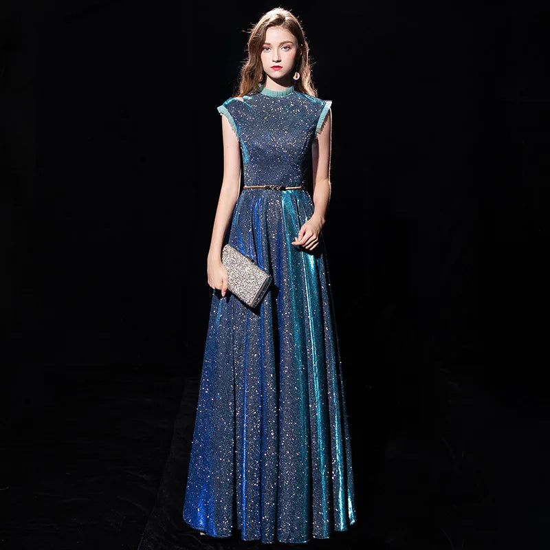 Shiny Blue Sleeveless Prom Dress Half High-Neck Ruffled Sequin Maxi Banquet Evening Dresses