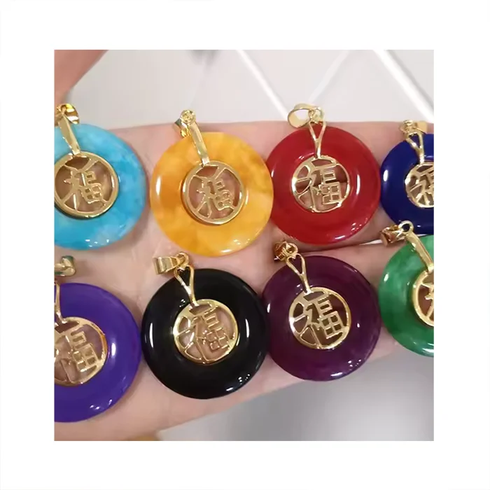 Jialin Jewelry Ins Hot Natural Stone pink and Green Fu Emerald Peace Buckle Jade Circle Jade Donut Pendant Necklace MegaBDM