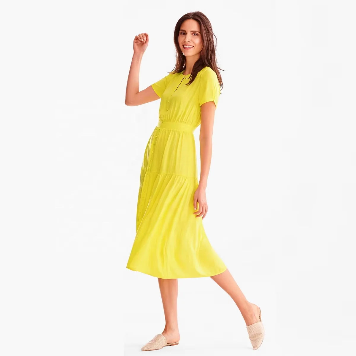 European Style Solid Neck Short Sleeve Midi Dress Bright Yellow Elegant Casual Office Summer Natural Plain Dyed Button Placket
