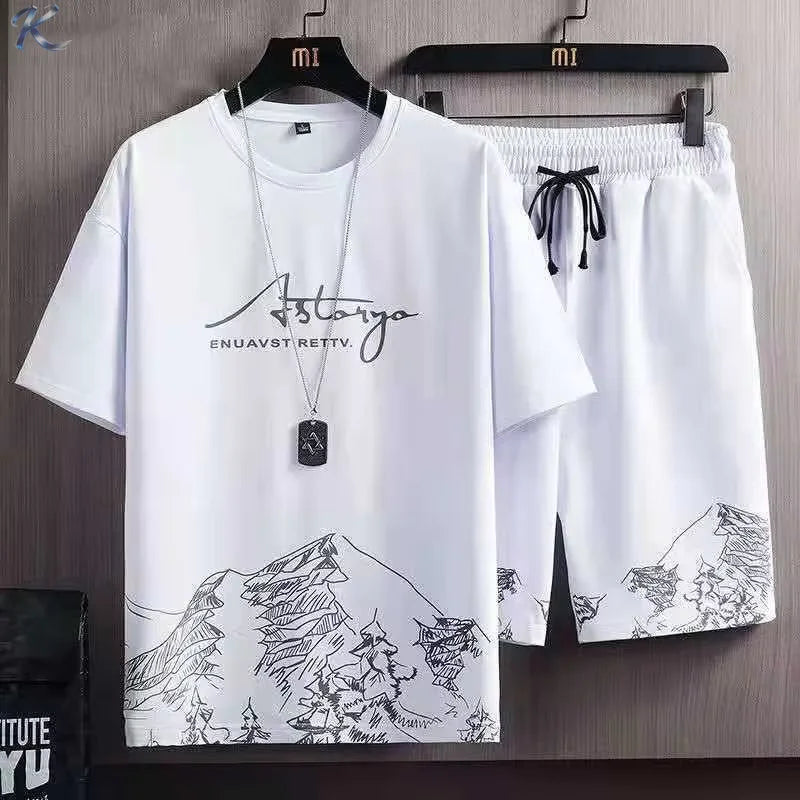 Men's Streetwear Loose Fit Two-Piece Outfit Casual Short Sleeve T-Shirt & Drawstring Shorts Set Graphic Print Summer Tracksuit