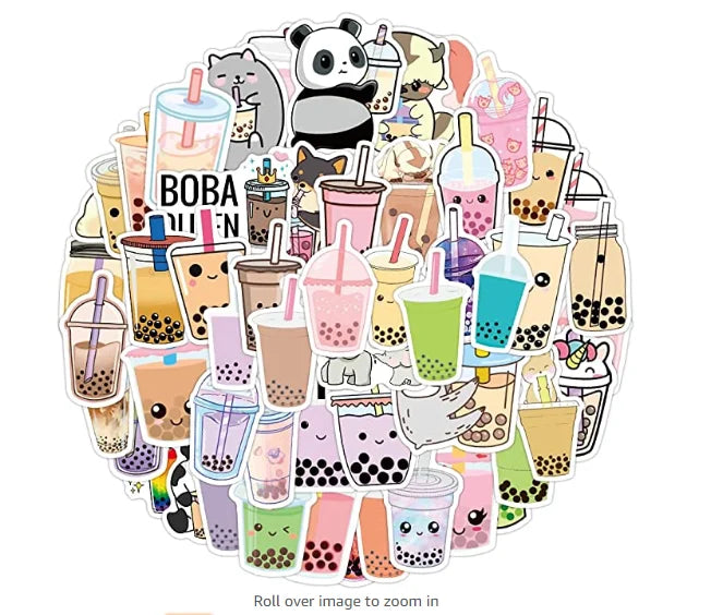 Boba Stickers 50 Pcs Bubble Tea Milk Tea Vinyl Decal UV Eco-Friendly Waterproof Cute Sticker Pack for MacBook Bottle Laptop