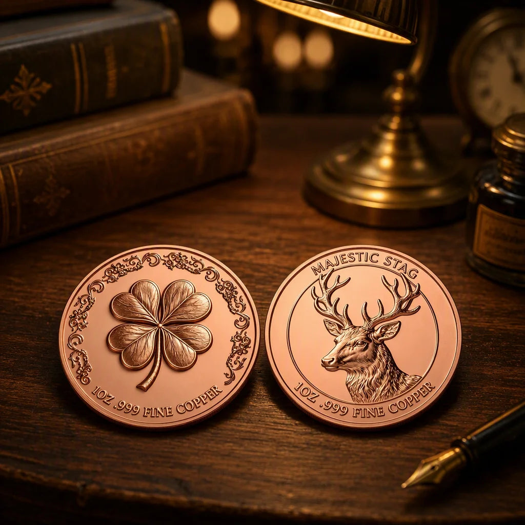 1oz 999 Fine Copper Four Leaf Clover Dual Sided Embossed Commemorative Coin Majestic Stag Metal Crafts Souvenir MegaBDM
