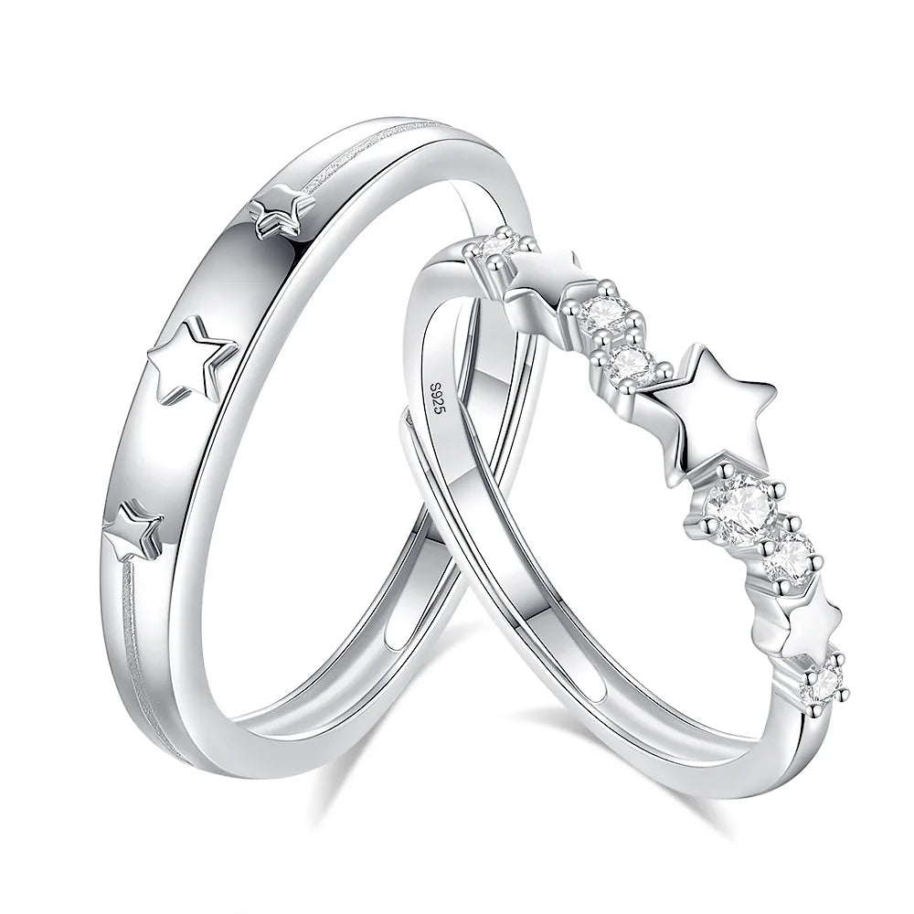 FDJZ-319 Men Women Matching Sterling Silver Zircon Rings Star Adjustable Free Size Rhodium Plated Classic Style Anniversary