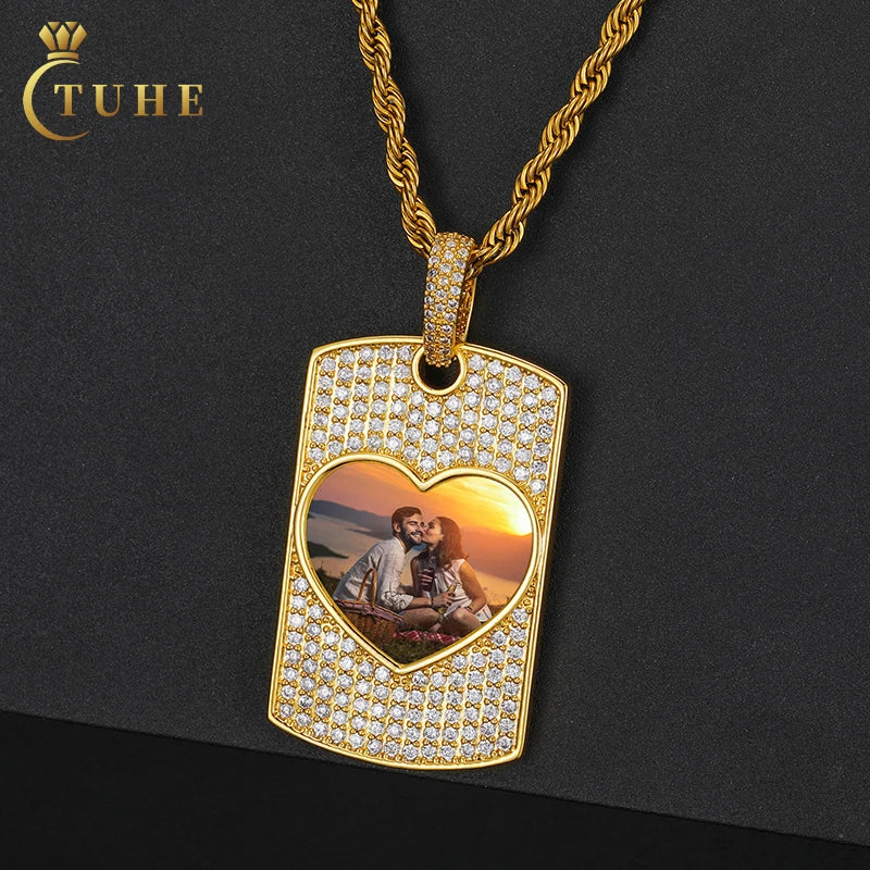 Bling Laser Engrave Name Brass 5A Zircon Iced Out Heart Shape Photo Pendant Memory Frame Picture Necklace