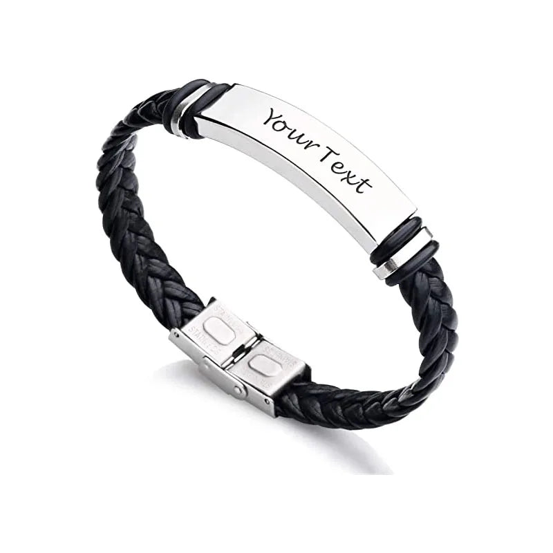 Customized Stainless Steel Engraved Message Name Braided Leather Bracelet Custom for Men
