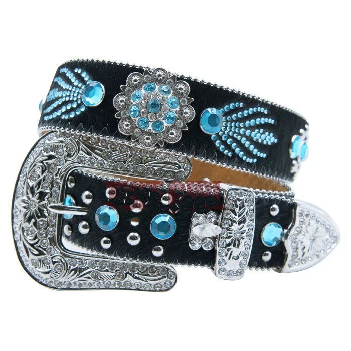 BB 3.8cm 1.5" Width Western Fashion Fancy Luxury Full Crystal Rhinestone Diamond Metal Studs Leather Belt