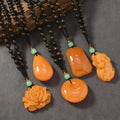 Ethnic Style Chicken Yellow Amber Pixiu Pendant Necklace Long Woolen Chain Wooden Beads for Men Women Fashion Beaded Necklaces