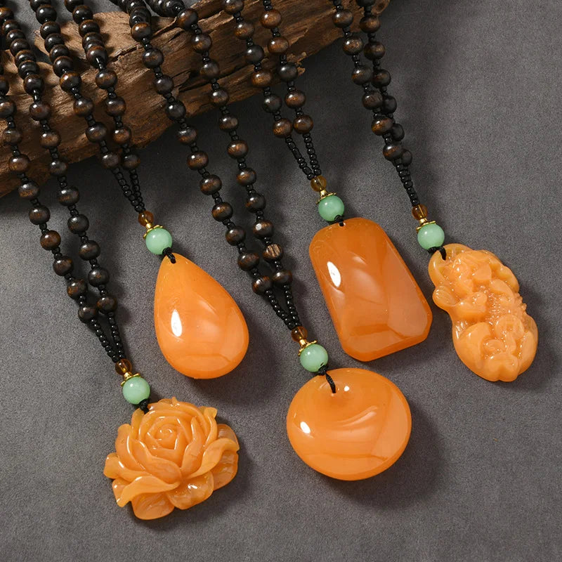 Ethnic Style Chicken Yellow Amber Pixiu Pendant Necklace Long Woolen Chain Wooden Beads for Men Women Fashion Beaded Necklaces