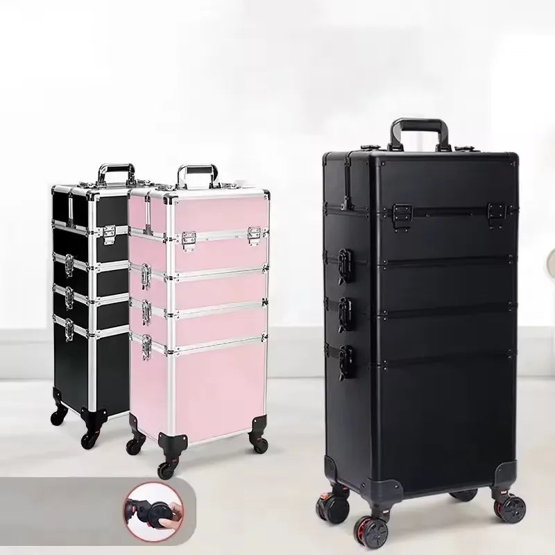 Cosmetic Trolley Large Aluminum Makeup Train Case Nail Polish Organizer Lockable Travel Rolling Makeup Trolley Case Makeup Case