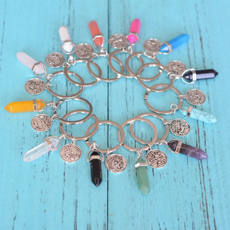 Personalised 12 Zodiac Pendant Key Chain Ring Colorful Hexagonal Column Gemstone Pendant Car Keychain for Christmas Gift