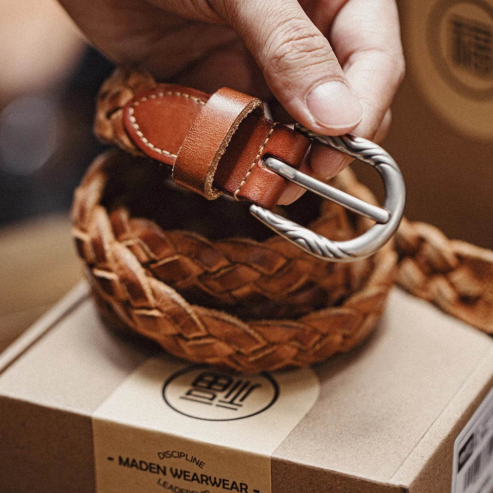 Maden Wholesale New Woven Vegetable-Tanned Leather Belt Amikaji Accessories Genuine Leather Girdle Buckle for Men/Women in Stock