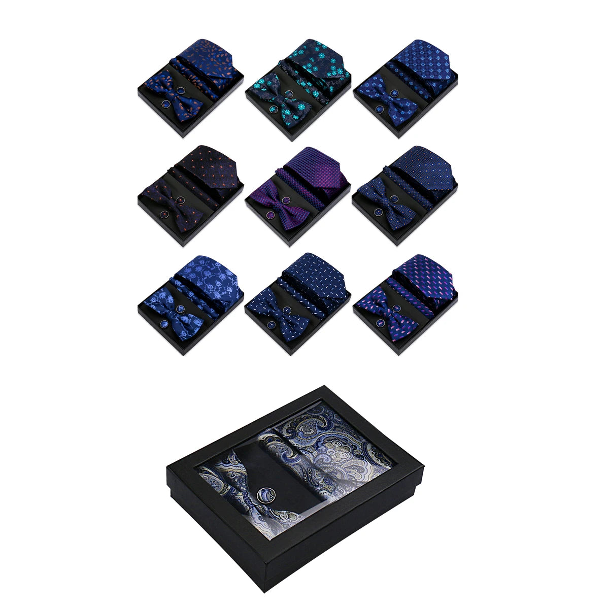Mens Necktie in Gift Box Bowtie and Pocket Square Cufflinks Set for Men Wedding Business Formal Suit Custom Tie Gravata Gift Set