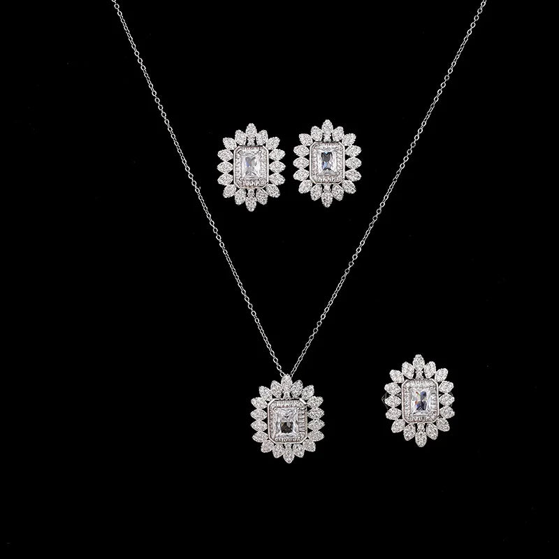 Ready Stock Daily 3 Pcs Set Earrings Ring Jewelry Sets Plated Micro Pave White Cubic Zirconia CZ Geometric Necklace Set Women