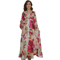 Lanna Pink Digital Print Long Sleeve Belt Dress Female Muslim Women Indian Kaftan Arab Abaya Islamic Fashion S-XXL