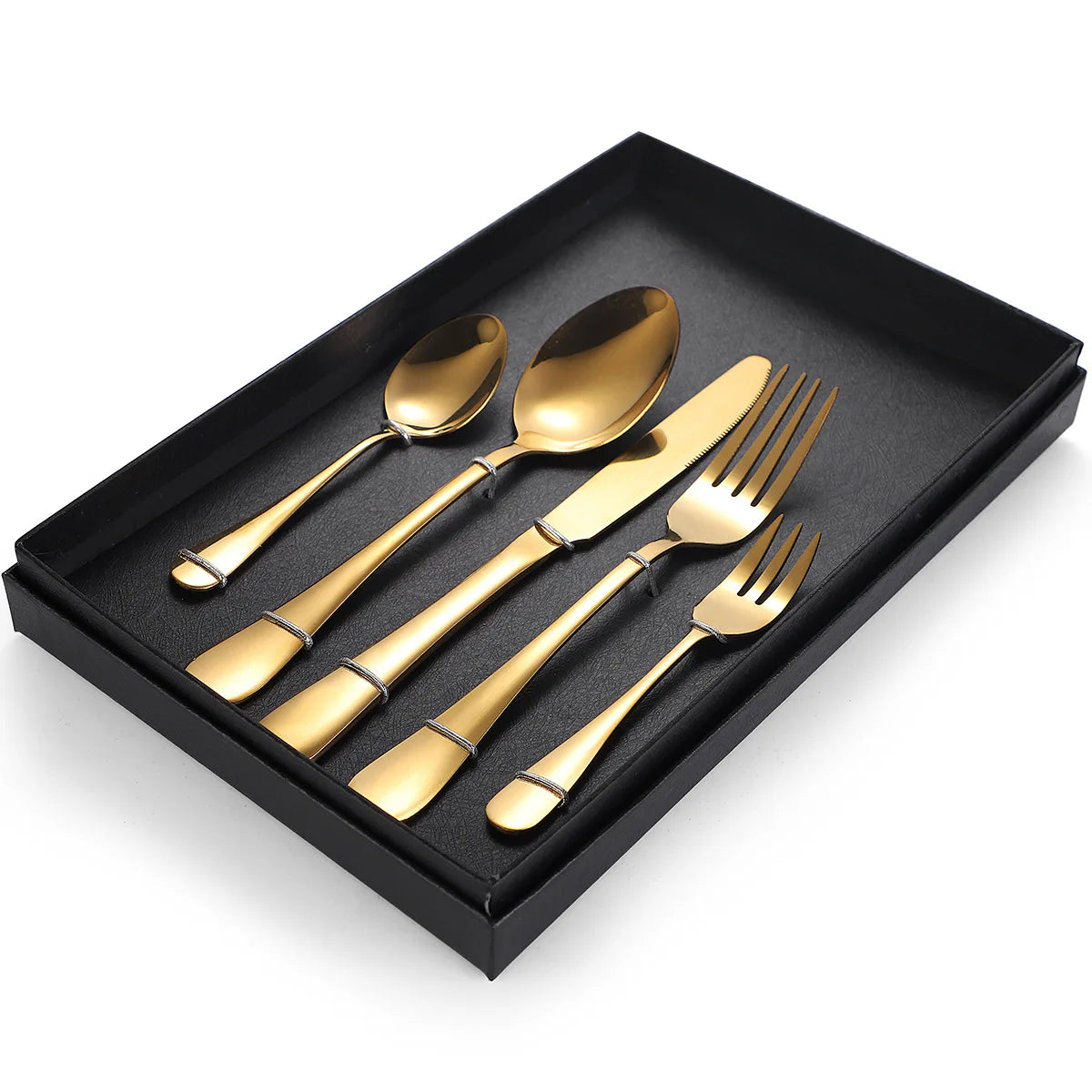 Wholesale 5pcs Kitchen Forks and Spoon Stainless Steel Black Gold Silverware Flatware Cutlery Set for Giveaways Dishwasher Safe