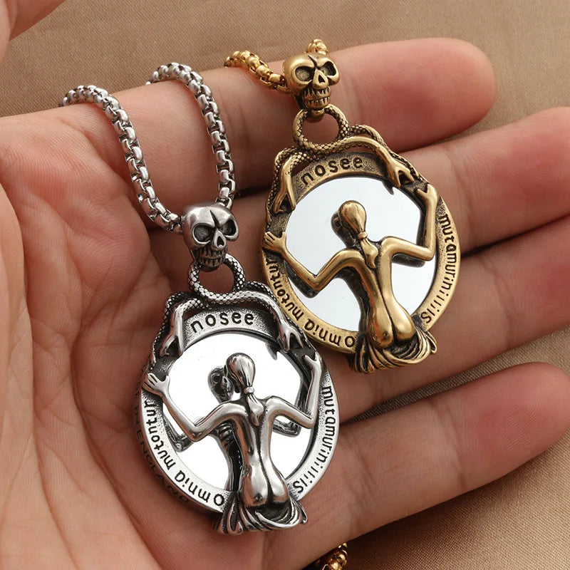 Titanium Steel Magic Mirror Female Pendant Personality Punk Retro Trendy Men's Stainless Steel Skull Mirror Necklace
